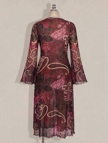 SHEIN ICON 大尺碼女款深V領休閒百搭日常穿搭上衣 秋季 - 酒紅色 - 查看 2