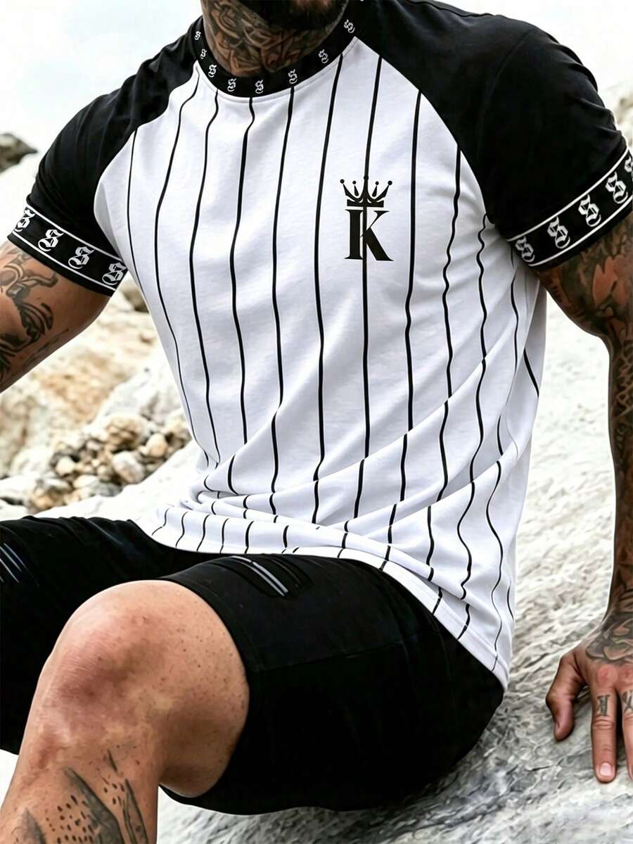 Manfinity Roughcore Men's Striped Print Raglan Short Sleeve Casual T-Shirt - Multicolor - View 1