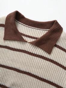 GlowEve CURVE Women's Collared Striped Colorblock Versatile Casual Everyday Pullover Sweater - Apricot - View 3