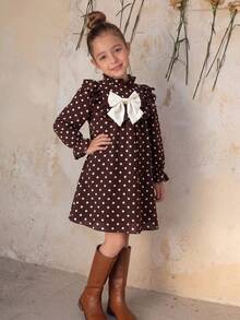 Emery Rose Kids Emery Rose Kids 女童可愛度假休閒杏色花卉圖案蝴蝶結長袖寬鬆洋裝，秋季花卉洋裝 - 卡其色 - 查看 10