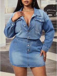 Slaydiva Gaun Bodycon Biru Non-Stretch untuk Wanita Ukuran Plus Model Cowgirl Outfit - Light Wash - View 1