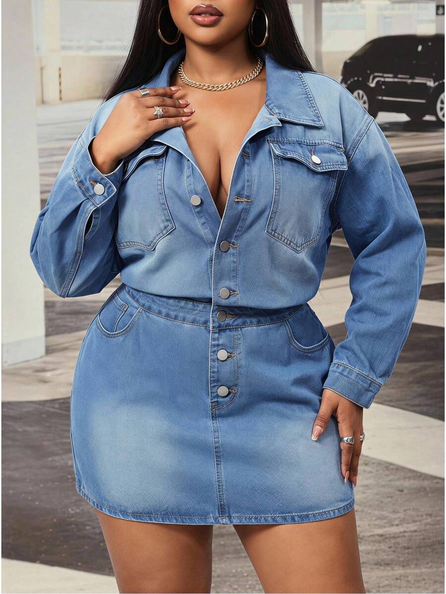 Slaydiva Gaun Bodycon Biru Non-Stretch untuk Wanita Ukuran Plus Model Cowgirl Outfit - Light Wash - View 1