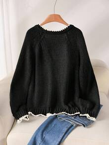 CosyJoli Plus Size Casual Sweater With Tie Bow Contrast Trim Cardigan In Fall/Winter - Black - View 2