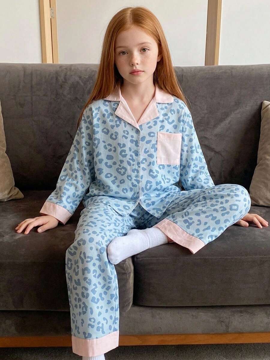 DAZY Tween Girl Leopard Print Long Sleeve Single-Breasted Top And Pants Loungewear - Blue - View 1