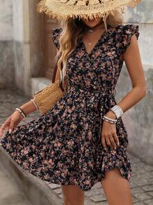 Brillora Summer Beach Vacation Paisley Print Ruffle Trim Belted Nashville Short Dress Black And Orange Boho Cute - Black - View 8