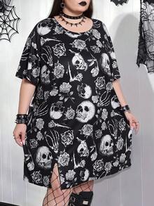 SHEIN CURVE+ 黑色哥德式骷髏花卉印花開衩下擺 2026 秋冬大尺碼 22W 女款萬聖節服裝 - 黑與白 - 查看 7