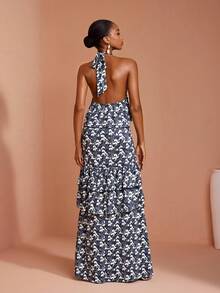 JIAN LASALA Knit Halter Neck Sleeveless Double Ruffle Layers Cold Shoulder Long Dress Elegant Tropical Jamaican Vacation Garden Party Navy Blue Floral Summer - Multicolor - View 2