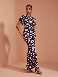 JIAN LASALA Knit Round Neckline Double Short Ruffle Layers Sleeves Long Dress Elegant Romantic Vacation Casual Black Floral Summer - Multicolor - View 4