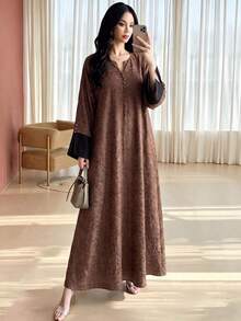 Al Najma 女款V領撞色喇叭袖阿拉伯風長洋裝，端莊優雅保守風，全遮蓋秋季正式棕色長裙 - 棕色 - 查看 9