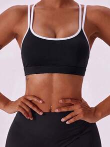 Sweetra 2pcs Seamless High Elasticity Printed Sports Tank Top With Criss-Cross Back Strap Design, Gym Wear - Black - View 6