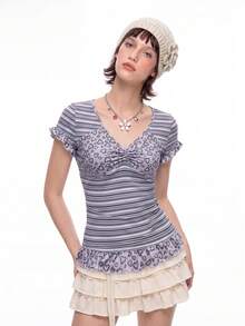 Bloopia Knit Striped Patchwork Grey Leopard Print Short Sleeve Top T-Shirt Summer Y2k Cute Date Night Everyday Autume/Winter Halloween - Multicolor - View 4