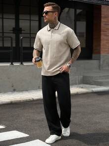 Manfinity CasualCool 男士不對稱紋理面料成熟休閒短袖 Polo 衫，送給男友的禮物，日常穿著 - 卡其色 - 查看 6