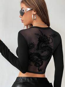 SHEIN X YERIMUA SHEIN ICON 秋季女款萬聖節黑色哥德風純色長袖中國龍網紗露背Y2K外出上衣 - 黑色 - 查看 6