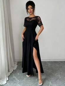 SHEIN Elenzya Vestido ajustado de manga corta casual con parches de encaje y abertura para mujer - Negro - Ver 6