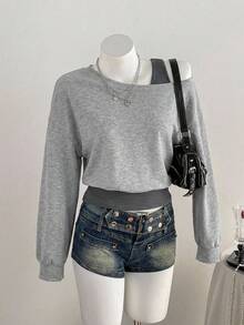DAZY Women's Patchwork Striped 2 In 1 Long Sleeve Loose Casual Sweatshirt Fall - Grey - View 4