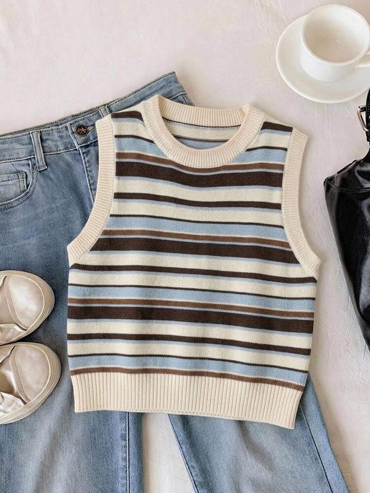 Comfortcana Striped Pattern Short Knit Top, Suitable For School, Casual, Minimalist, Sporty, Streetwear, Versatile, Party, Airport Outfit, Y2K Tops, Number And English Letter Collegiate Style, Women's Outing Wear, Women's Summer Outfit - Multicolor - View 6