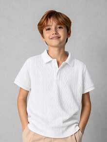 SHEIN Tween Boys Casual Basic Textured Design Solid Color Short Sleeve Polo Shirt, Suitable For Spring/Summer, Daily Wear, Sports, Outings, School, Parties, Holidays, Photoshoots And More - White - View 3