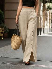 SHEIN Pantalones casuales de vacaciones con botones delanteros de unicolor - Caqui - Ver 3
