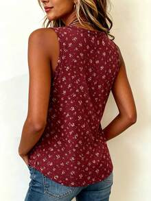 EMERY ROSE Denim Effect Ditsy Floral Contrast Color Regular Blouse For Women - Red - View 2