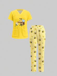 TaskEZ Conjunto de Uniforme de Fregado con Estampado de Abejas en Todo el Body, Adecuado para el Trabajo, el Transporte y el Hospital de Mascotas - Multicolor - Ver 8