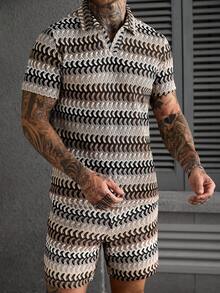 Manfinity Homme طقم رجالي مقاس كبير مخطط بأكمام قصيرة بولو وشورت برباط أسود بأسلوب عطلة استوائية، طقم قطعتين محبوك - متعدد الألوان - مشاهدة 7