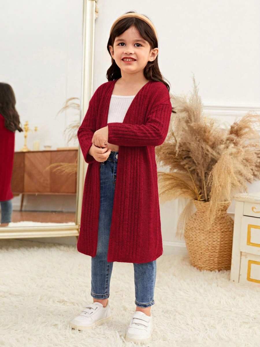 SHEIN Jaket Kasual Nyaman untuk Anak Perempuan, Lengan Panjang Terbuka Depan, Warna Polos, Tanpa Saku, Musim Gugur (9), Musim Dingin (2), Hitam - Merah - View 1