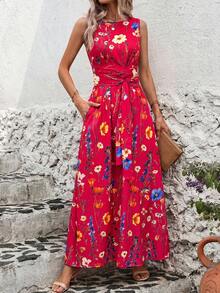 SHEIN Clasi 復古碎花寬腰長洋裝，適合夏季 - 玫紅色 - 查看 3