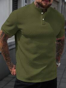 Manfinity CasualCool 男士立領 Polo 衫，針織提花面料，休閒日常穿著，時尚百搭風格 - 綠色 - 查看 1