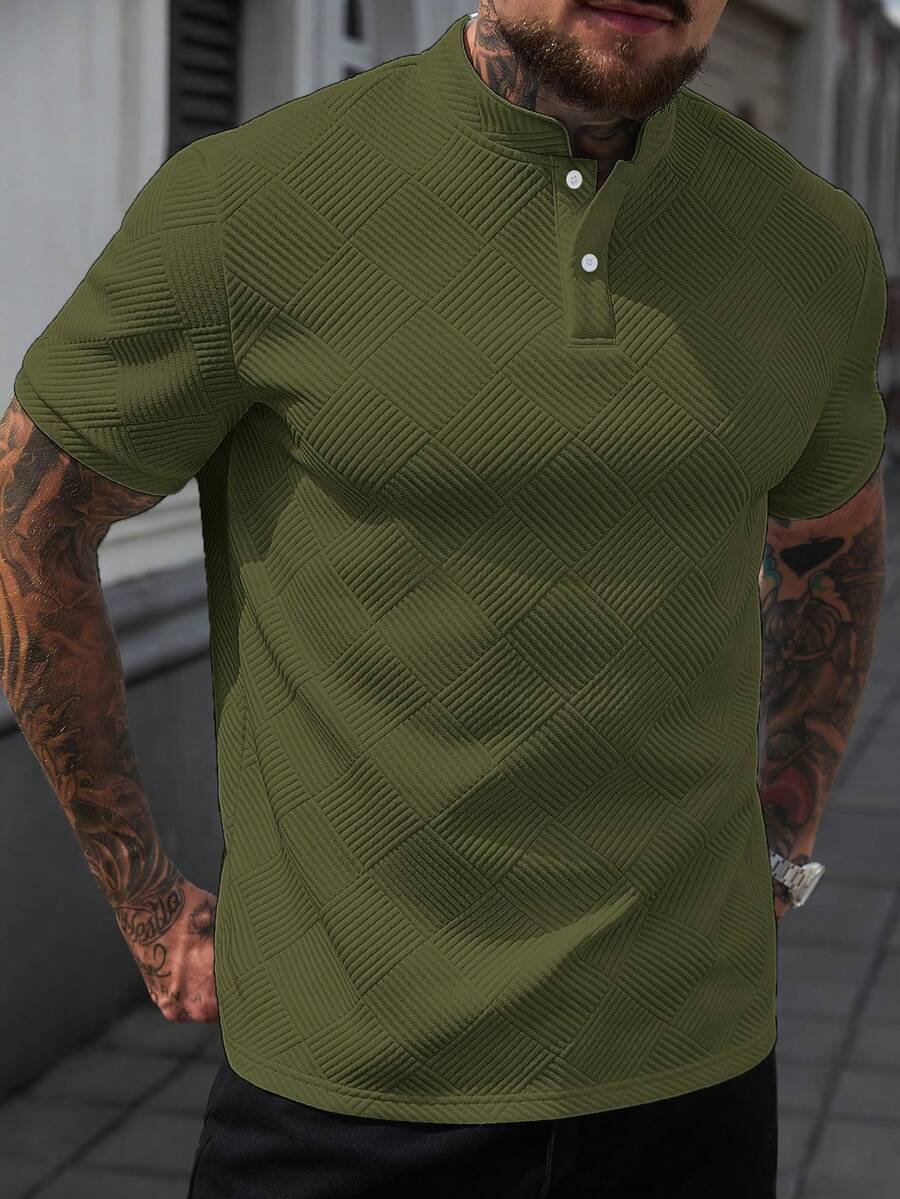 Manfinity CasualCool 男士立領 Polo 衫,針織提花面料,休閒日常穿著,時尚百搭風格 - 綠色 - 查看 1