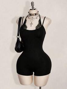 SHEIN ICON 女款性感繃帶拼接蕾絲掛脖修身連身褲 黑色 夏季 外出夜店萬聖節穿搭 - 黑色 - 查看 7