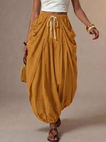 Zivah Women's Designer Drawstring Waist Pleated Long Pants For Beach Vacation - Mustard Yellow - View 3