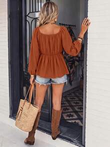 LanaWest Women's Solid Color V-Neck Pleated Casual Versatile Daily Wear Blouse - Burnt Orange - View 2