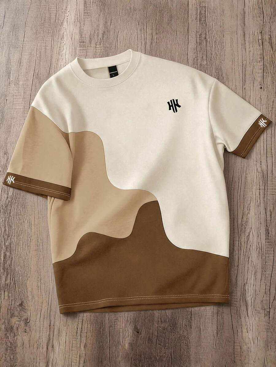 Daypath Men's Casual Letter Print Contrast Color Loose Fit Drop Shoulder T-Shirt, Suitable For Summer Holiday & Daily Commute - Multicolor - View 1