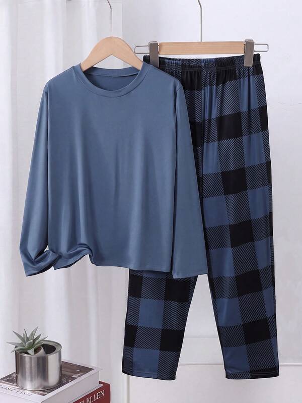Teen Boys Spring/Autumn Long Sleeve Loungewear Set, Solid Color Crew Neck Long Sleeve Top With Plaid Pants, Casual Pajamas Autumn/Winter