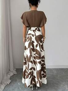 Elenzga Women's Spring/Summer Elegant Jamaican European White Leaf Pattern Pleated Flutter Sleeve Fitted Slim Fit Flared Long Dress Vacation - Multicolor - View 2