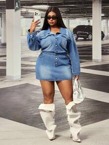 Slaydiva Gaun Bodycon Biru Non-Stretch untuk Wanita Ukuran Plus Model Cowgirl Outfit - Light Wash - View 7