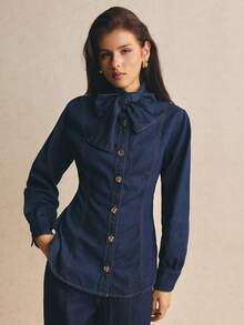 Poéselle Women's Fashion Street Button Bow Tie Lace-Up Denim Top - Dark Wash - View 5