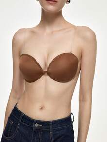 Bralution Brown Deep Skin Tone Transparent Strap Bandeau Invisible Underwire Molded Cup Push-Up Lifting Simple Daily Women's Strapless Bra - Brown - View 4