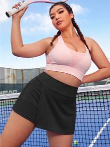 CourtClass Spring/Summer Plus Size Women's Sports Skirt, Black Loose A-Line Regular Waist With Slit Hem, Built-In Shorts And Pockets, Suitable For Casual Wear, Running, Yoga, Gym, Tennis, Golf - Black - View 6