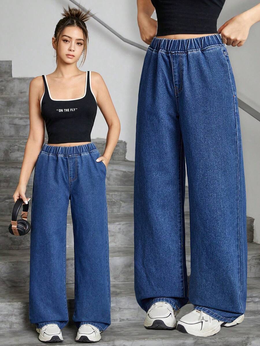 SHEIN Celana Jeans Lurus Longgar Polos untuk Remaja Perempuan, Gaya Jalanan Y2K untuk Kembali ke Sekolah dan Liburan Musim Panas - Medium Wash - View 1