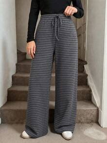 Lacomfia Autumn/Winter Striped Casual Elegant Cinched Waist Versatile Loose Knit Textured Plus Size Women's Long Pants - Multicolor - View 5