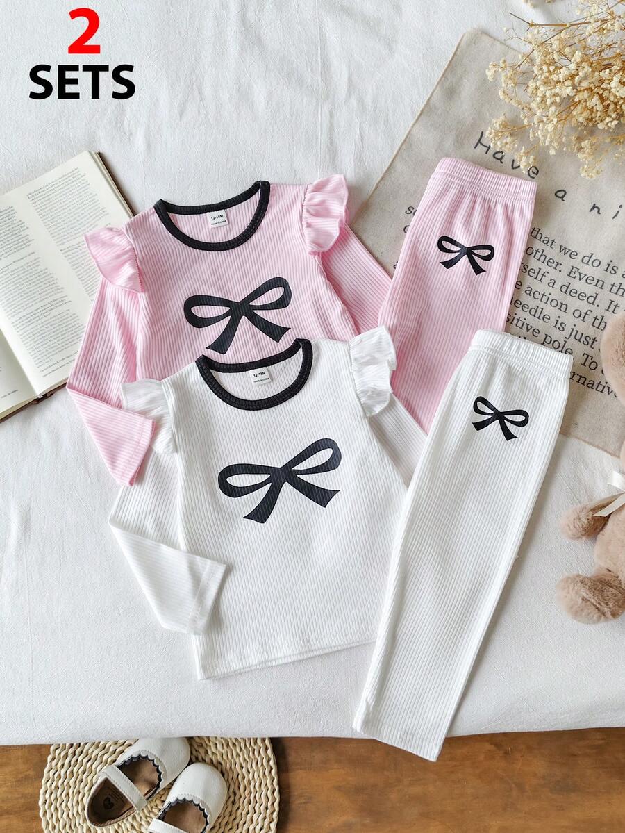 SHEIN Playful Pals 女嬰圓領蝴蝶結裝飾長袖T恤與長褲休閒日常套裝 - 彩色 - 查看 1