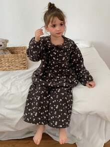 Hapijoa Girls' 2 Pieces Peter Pan Collar Princess Floral Long Sleeve Straight Leg Pants Set, Autumn/Winter Loungewear (Small) - Camel - View 7