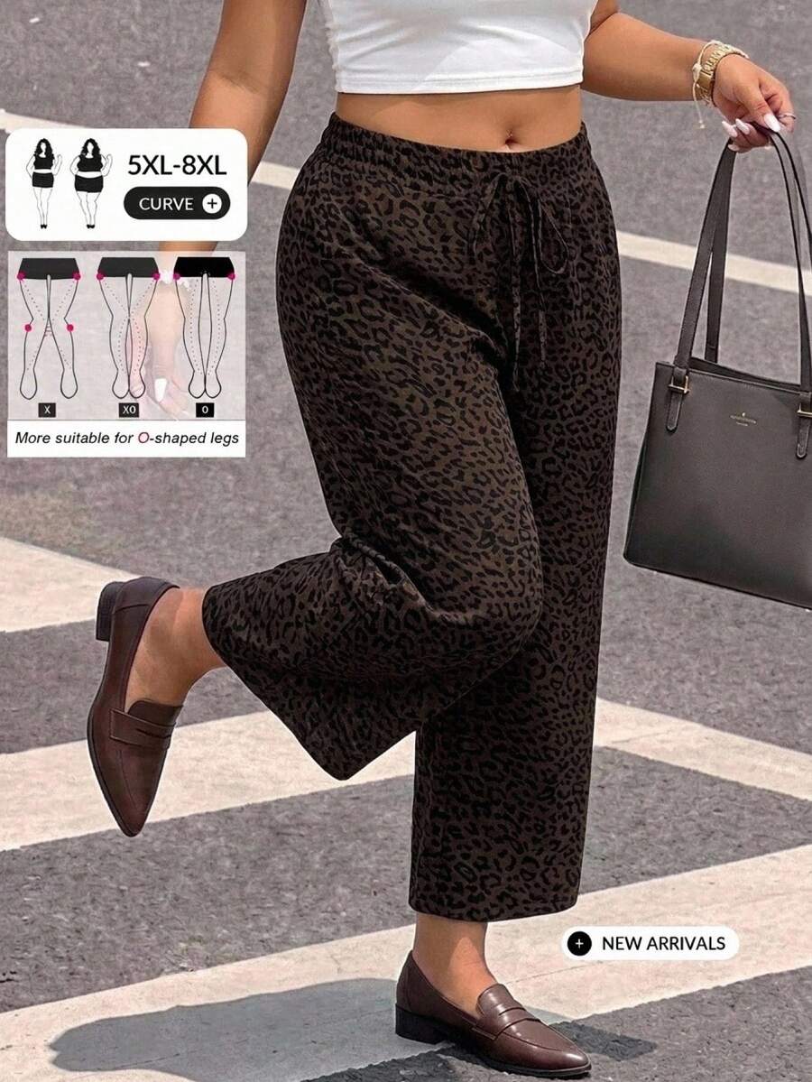 SHEIN CURVE+ Plus Size Women's Leopard Print Loose Casual Long Pants With Waist Tie - Multicolor - View 1