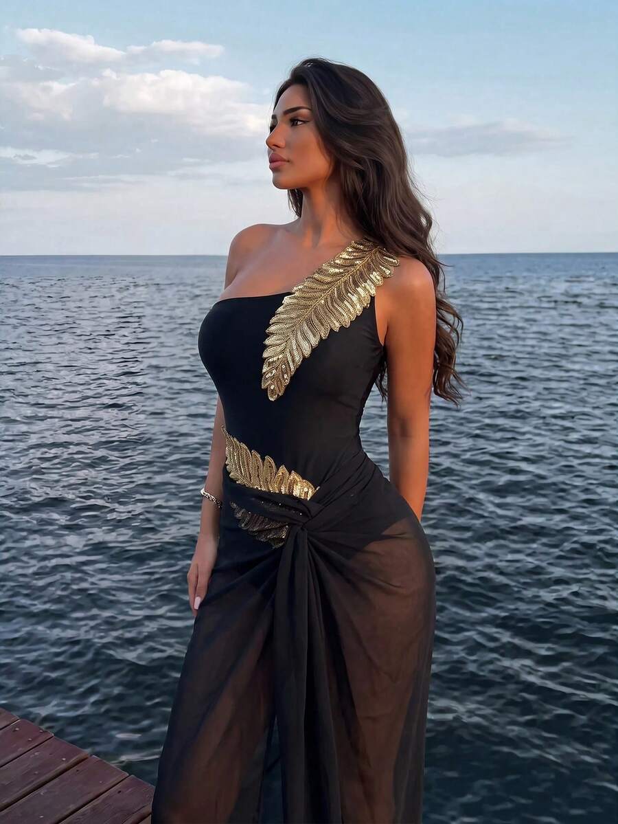 SHEIN Swim 2pcs Women Summer Sequin Leaf Print One-Piece Swimsuit & Mesh Skirt Set, Slimming - Black - View 1