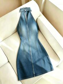 Resyla Gaun Wanita Modis Serbaguna dengan Motif Denim dan Leher Halter - MultiWarna - View 2