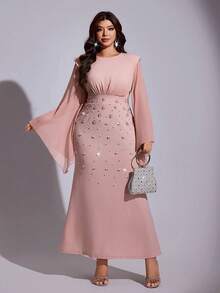 Viva Relle Plus Size Women's New Pink Round Neck Flowing Trumpet Sleeves, Heavy-Duty Nail Bead Long Dress For Women's Dinner Parties Fall - Dusty Pink - View 2