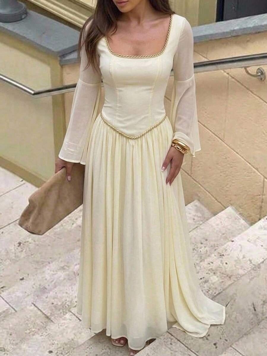 Aloruh Cream Extra Long Court Style Dress Square Neck Slimming Elegant Romantic Party Dinner Formal Date Mesh Patchwork Flowy Boned Waist Wedding Autumn - Apricot - View 1
