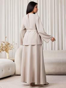 Veilorie Women's Solid Color Round Neck Long Sleeve Shirt And Skirt Casual 2-Piece Set - Grey - View 2