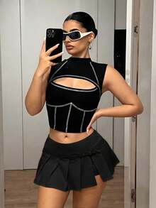 SHEIN ICON 性感鏤空扣環辣妹開衩百褶裙褲 - 黑色 - 查看 3